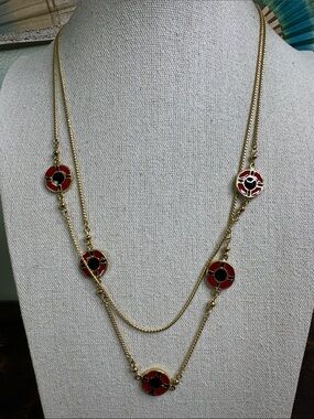Gold-Tone Double Strand Necklace with Red and Black Enamel Discs